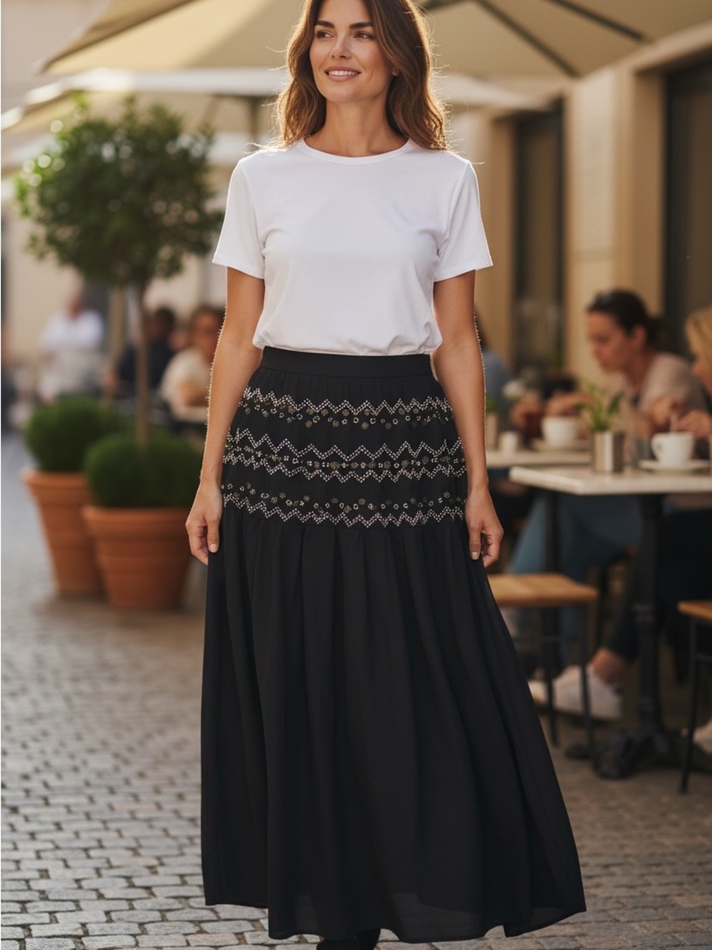 Embroidered Waist Black Midi Skirt